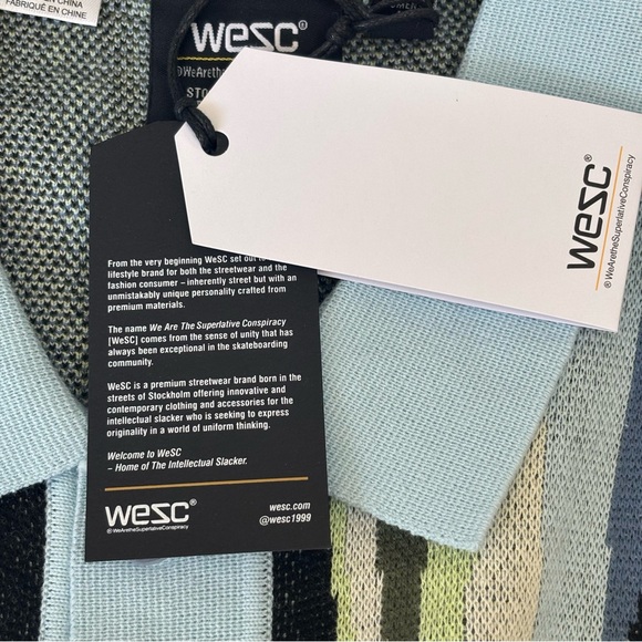 WESC Collar Polo Button Front Blue/Green Ripple Sky Pattern Men's M Women L NWT - Picture 7 of 10